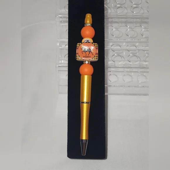 Fashion Hermes Beaded Pen Orange and gold Handmade - Picture 3 of 3
